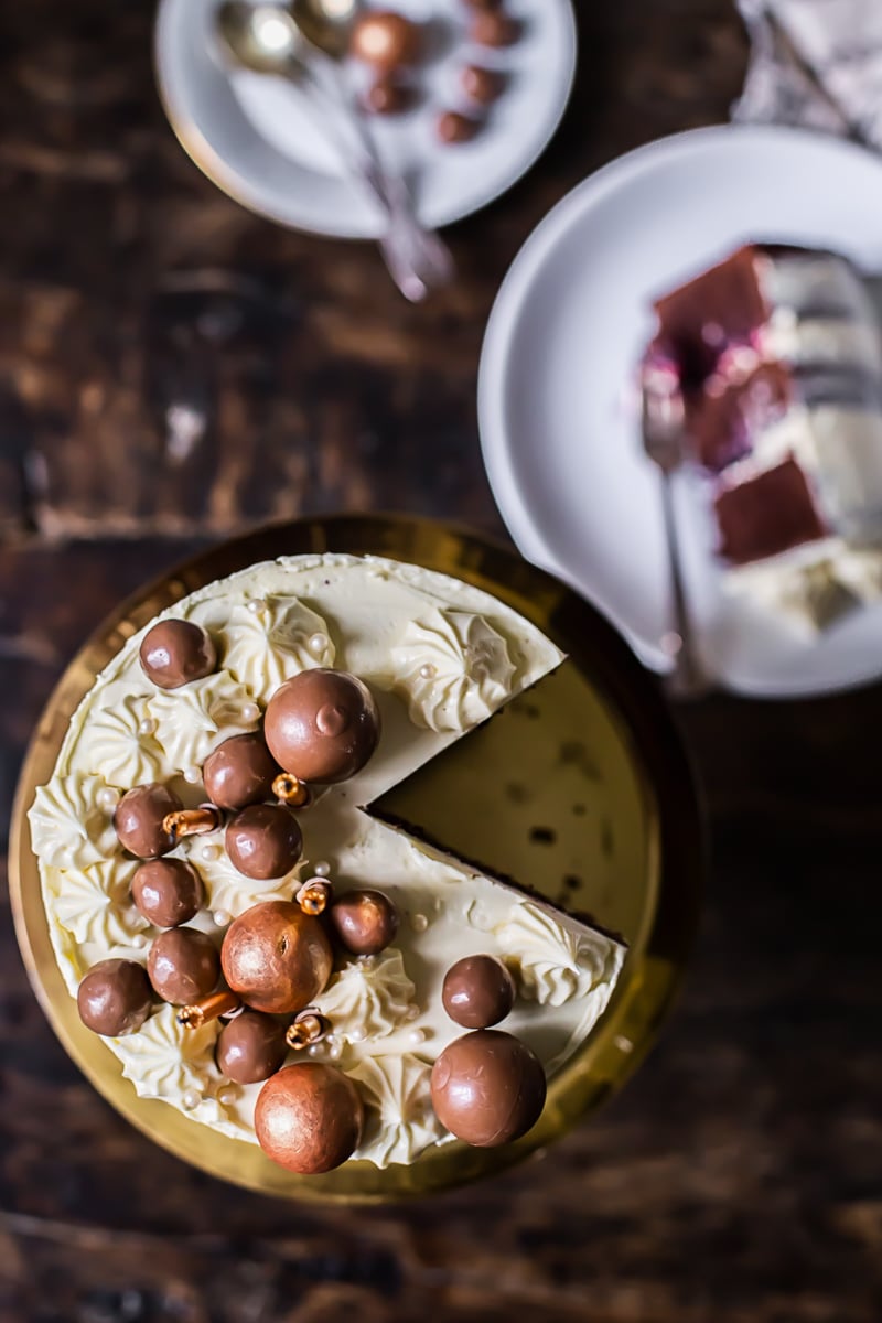 Top down of cake with pieces removed