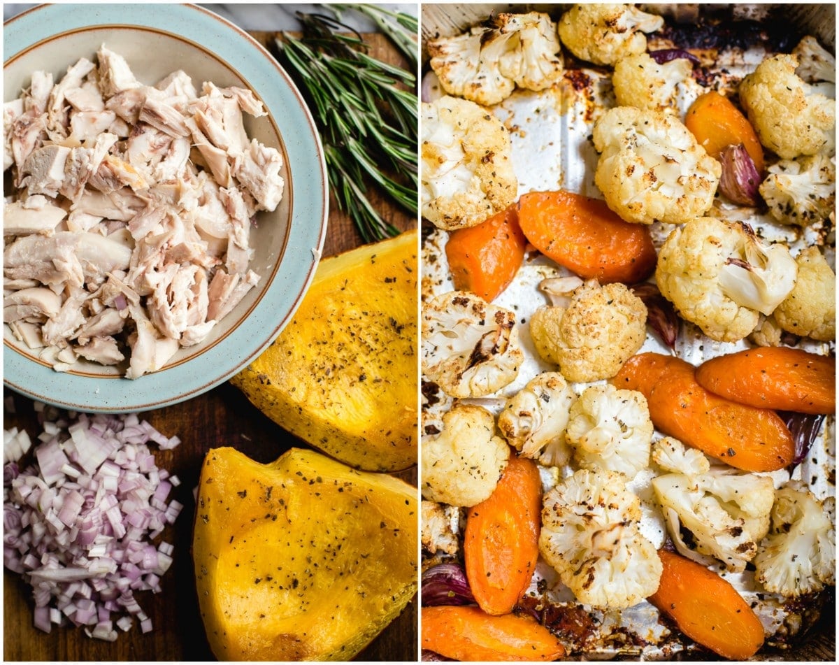 two process shots showing ingredients and roasting of vegetables