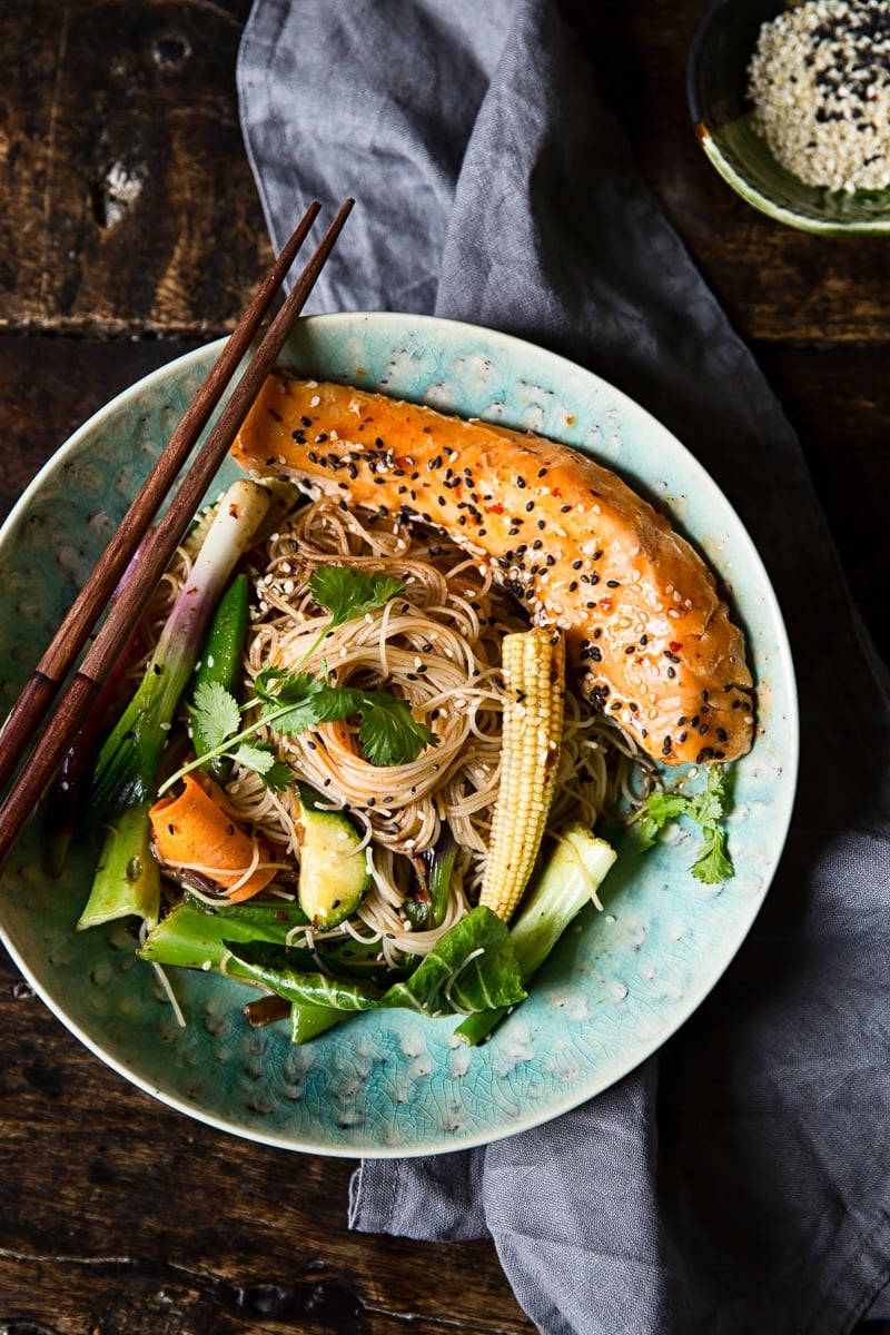 Top down view of salmon mee goreng