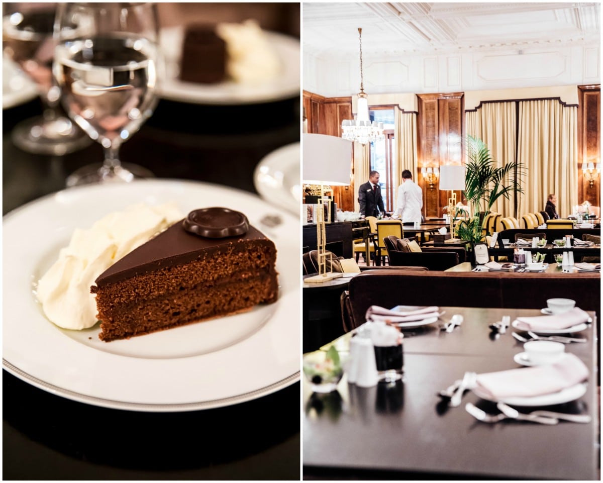 Sacher torte and the restaurant at Bristol Hotel