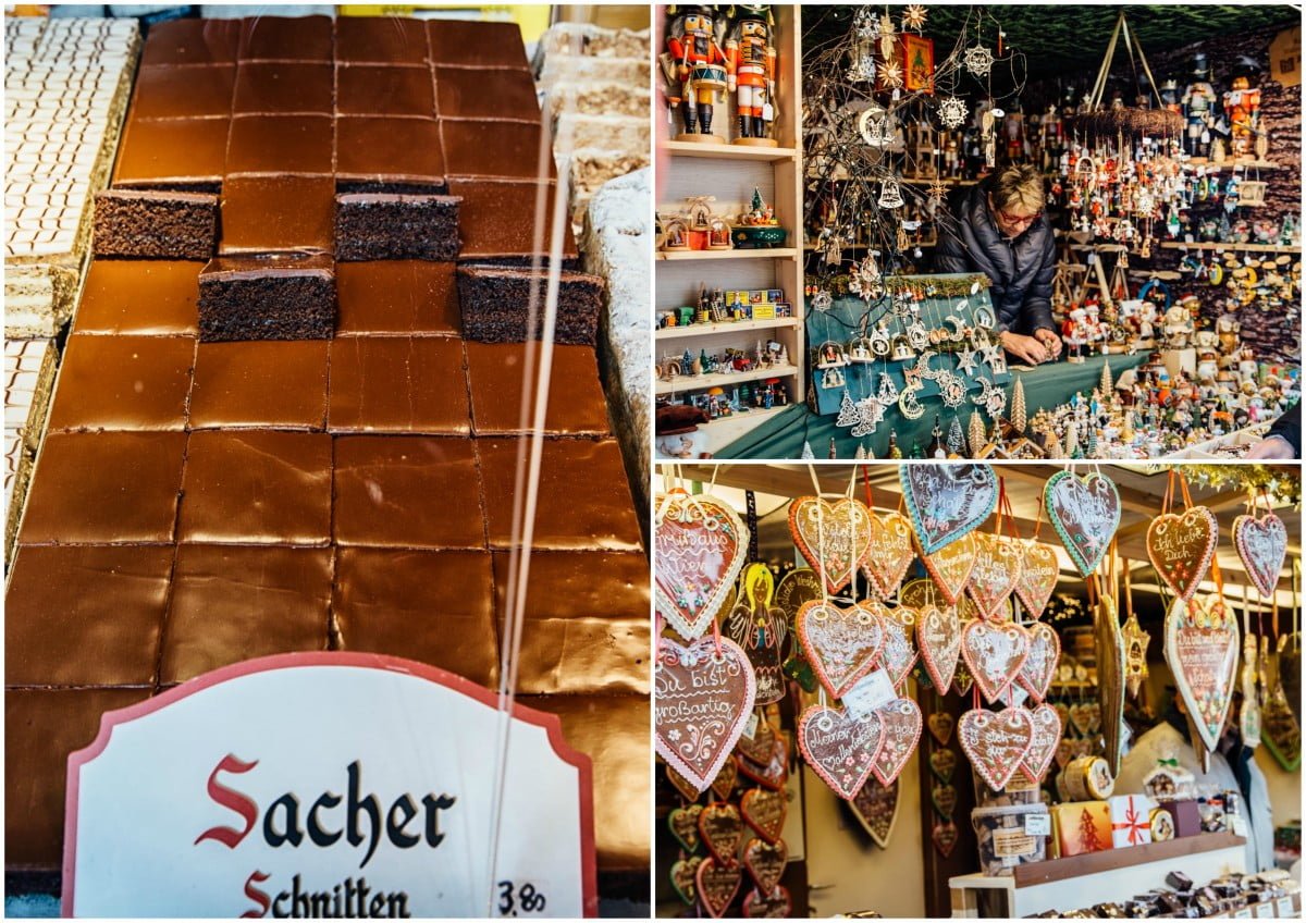 Sacher torte and crafts at a Christmas market stall