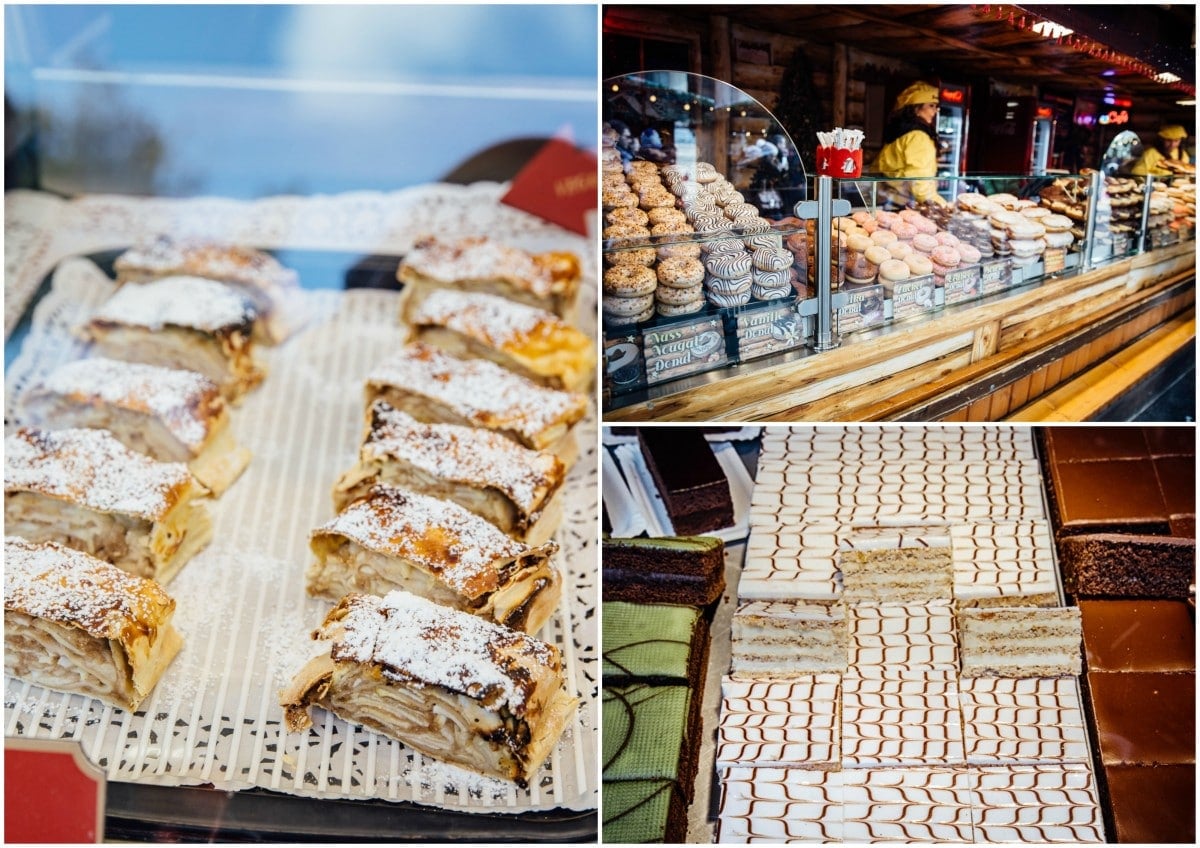 Apple strudel and other cakes at a market stall