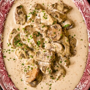 Close up of a plate with beef in creamy sauce
