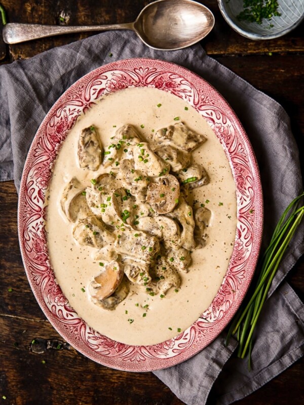 Serving plate of beef in sauce