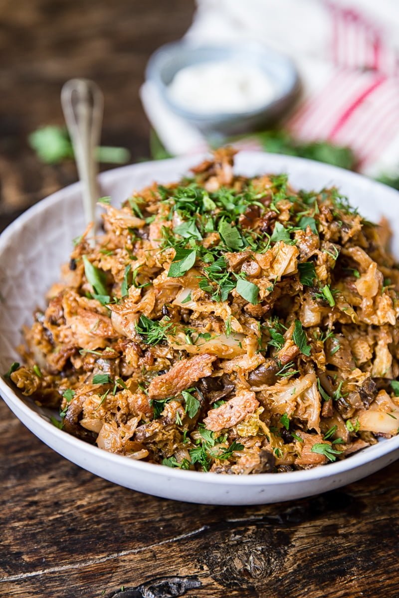 Braised Savoy Cabbage with Bacon and Mushrooms - Vikalinka