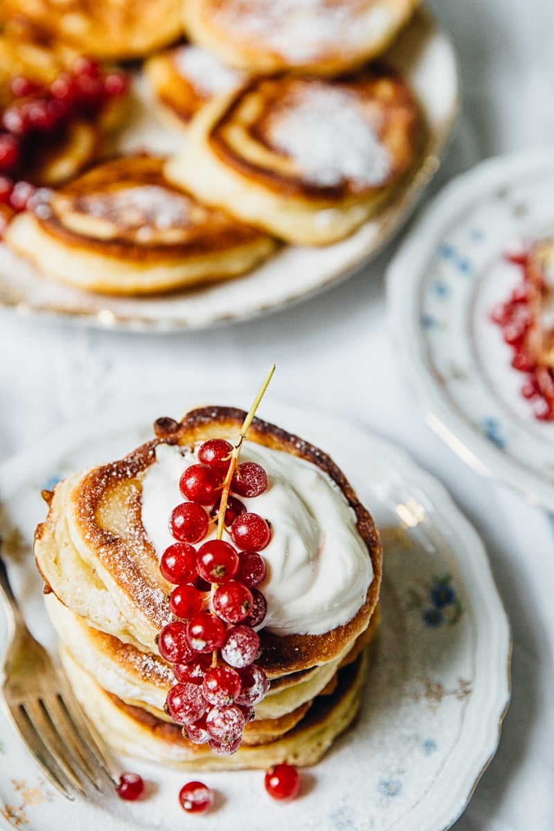 Top down of a stack of pancakes on a plate