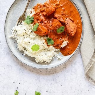 Top down shot of plate with curry and rice