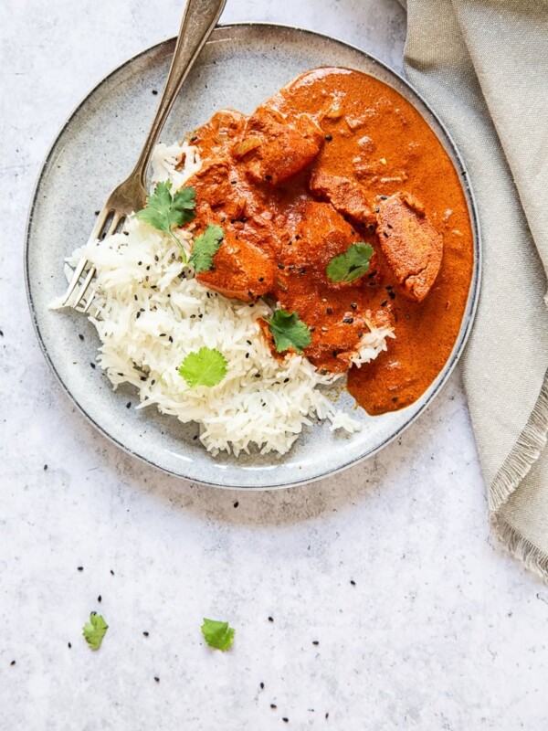 Top down shot of plate with curry and rice
