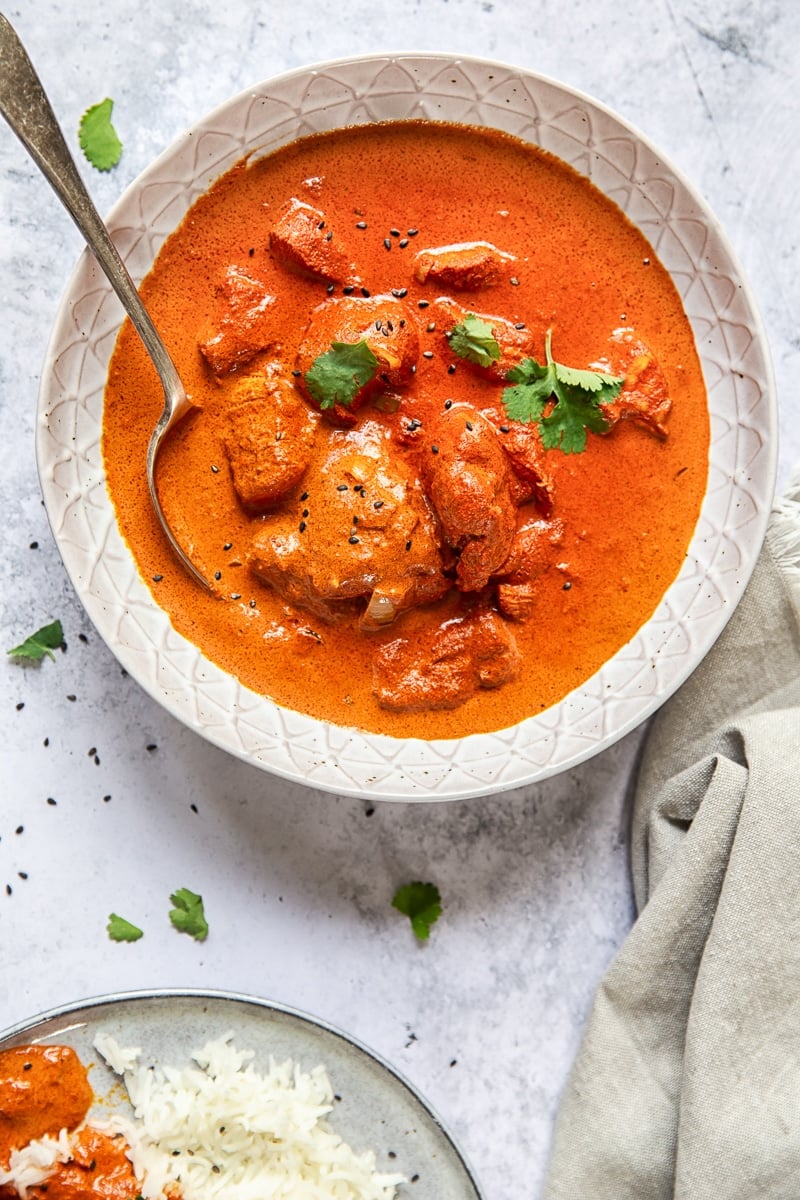 Close up overhead shot of a bowl with curry