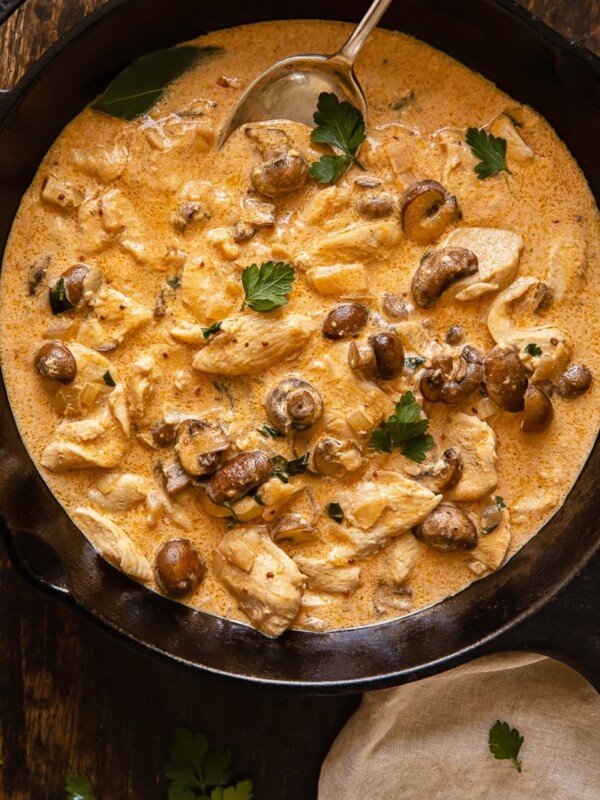 Top down of chicken stroganoff in a pan