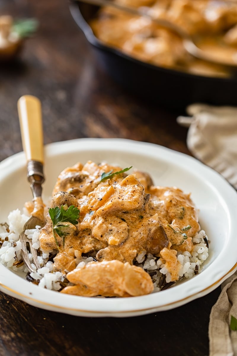 Bowl of chicken stroganoff with a fork