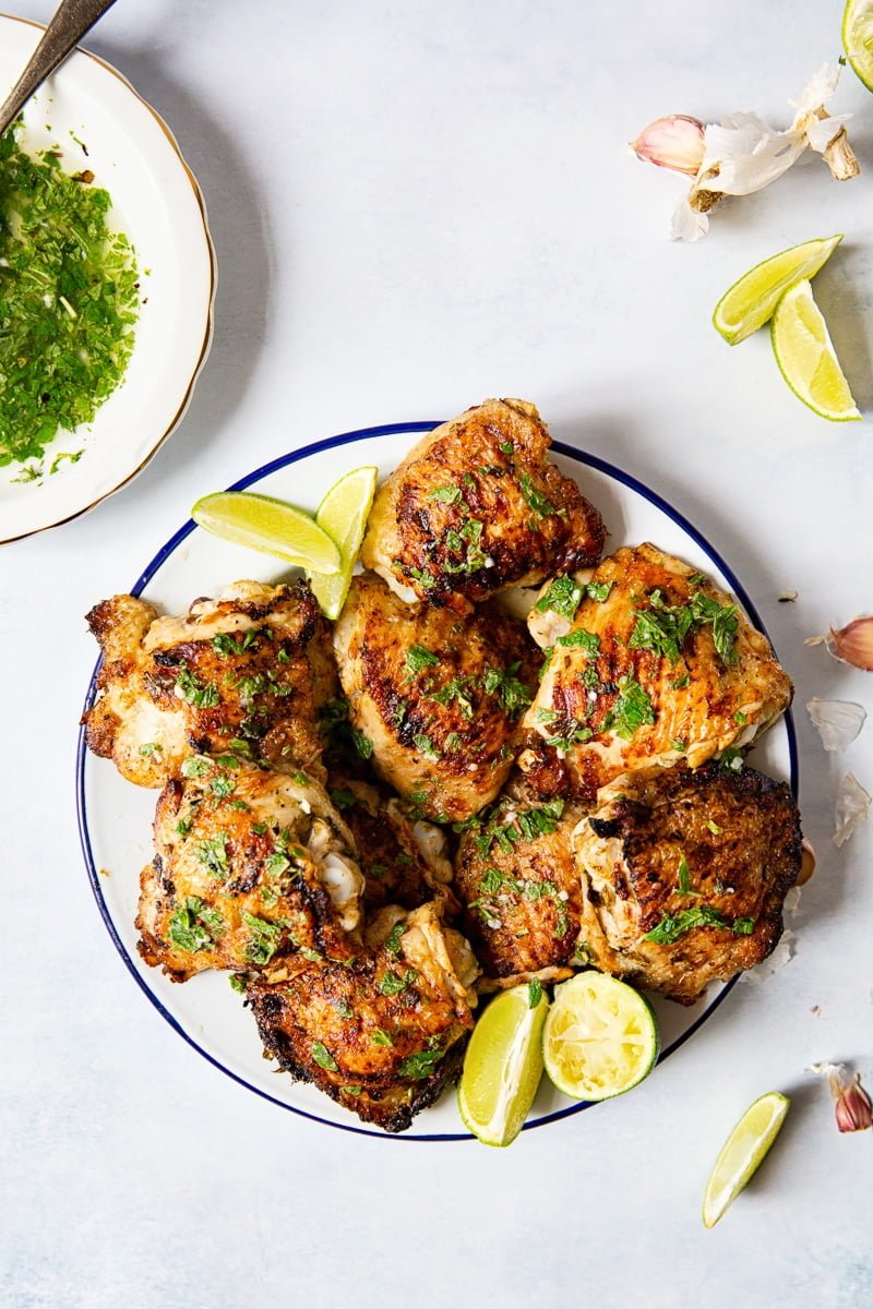 Top down of a plate of mojito grilled chicken thighs