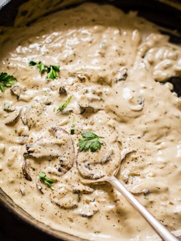 Close up view of spoon scooping creamy cognac sauce in a pan