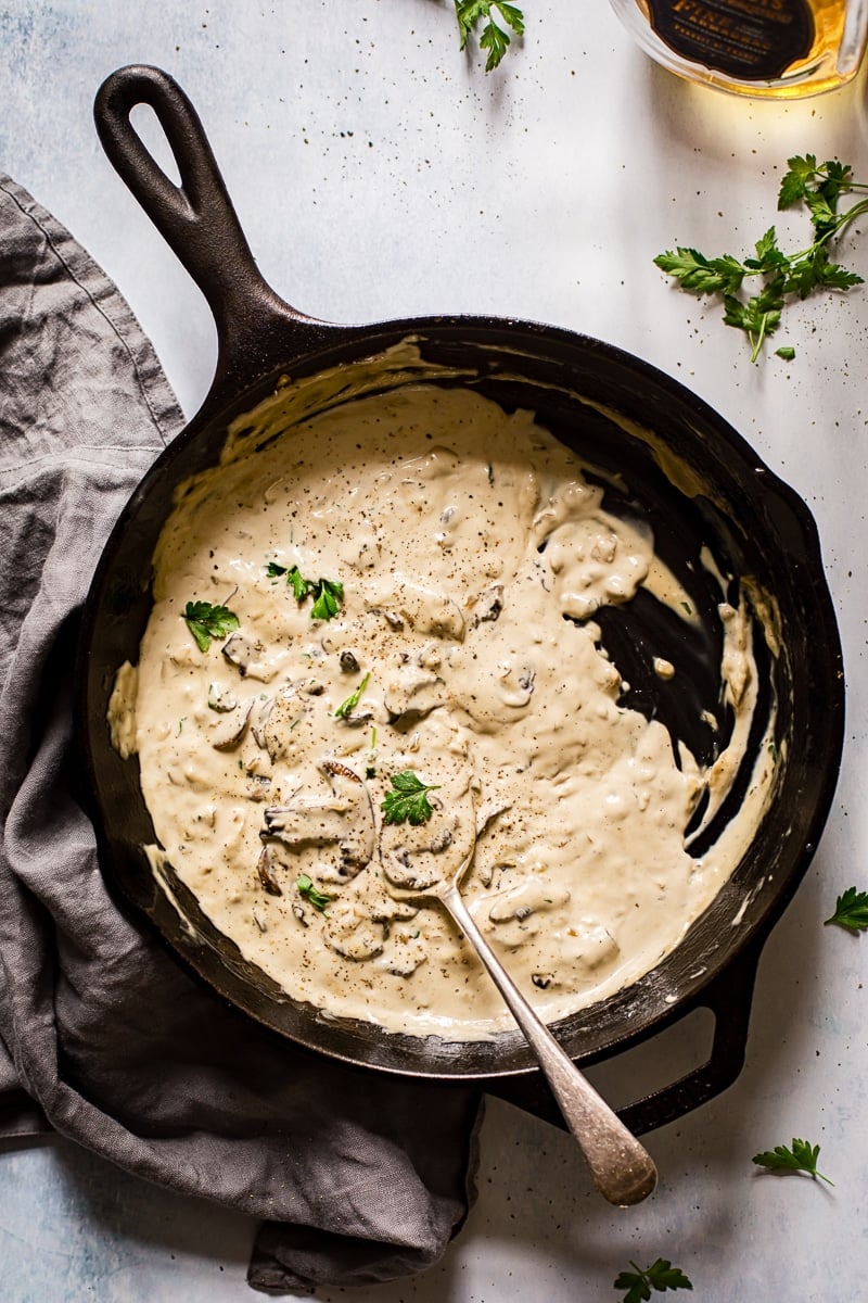 Top down view of mushroom steak sauce in a cast iron pan