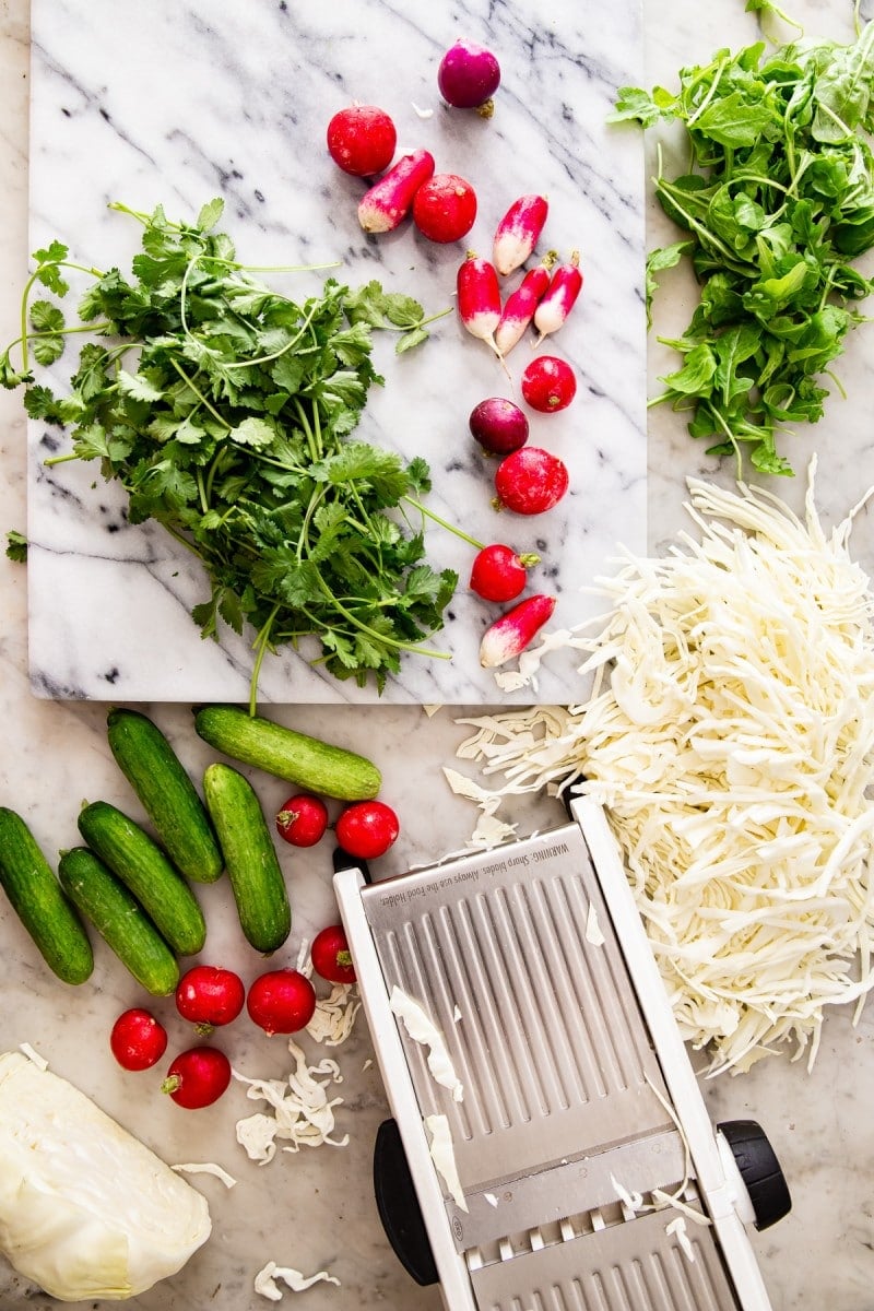 Top down of ingredients with shredded cabbage