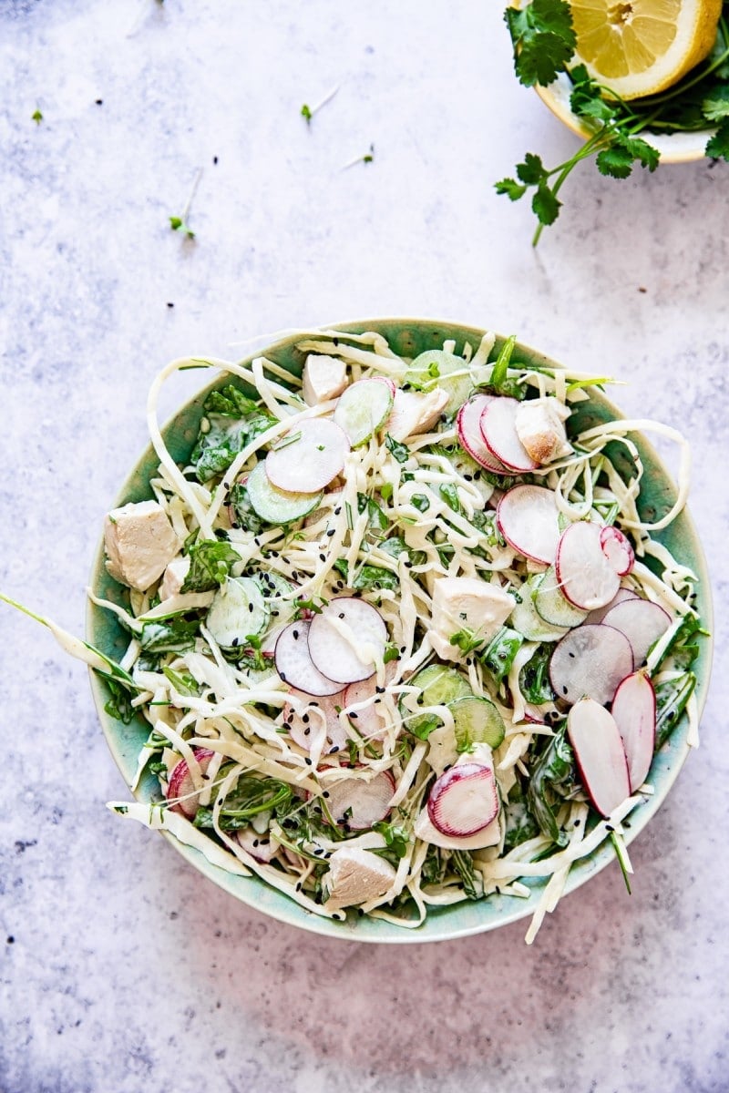 Bowl of best keto cabbage salad from the top down