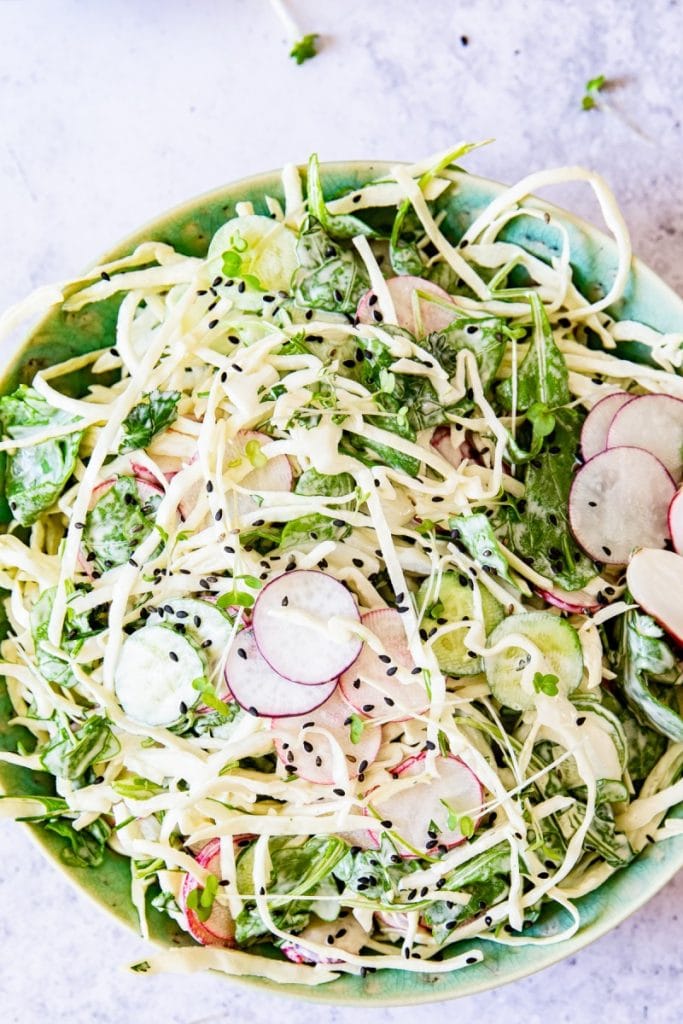 Top down of the keto cabbage salad in a bowl