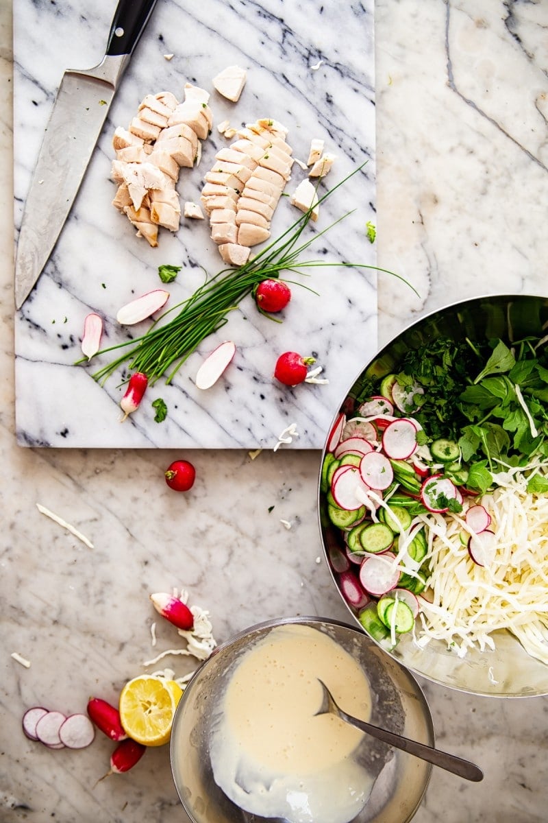 Ingredients in a bowl and on a chopping board