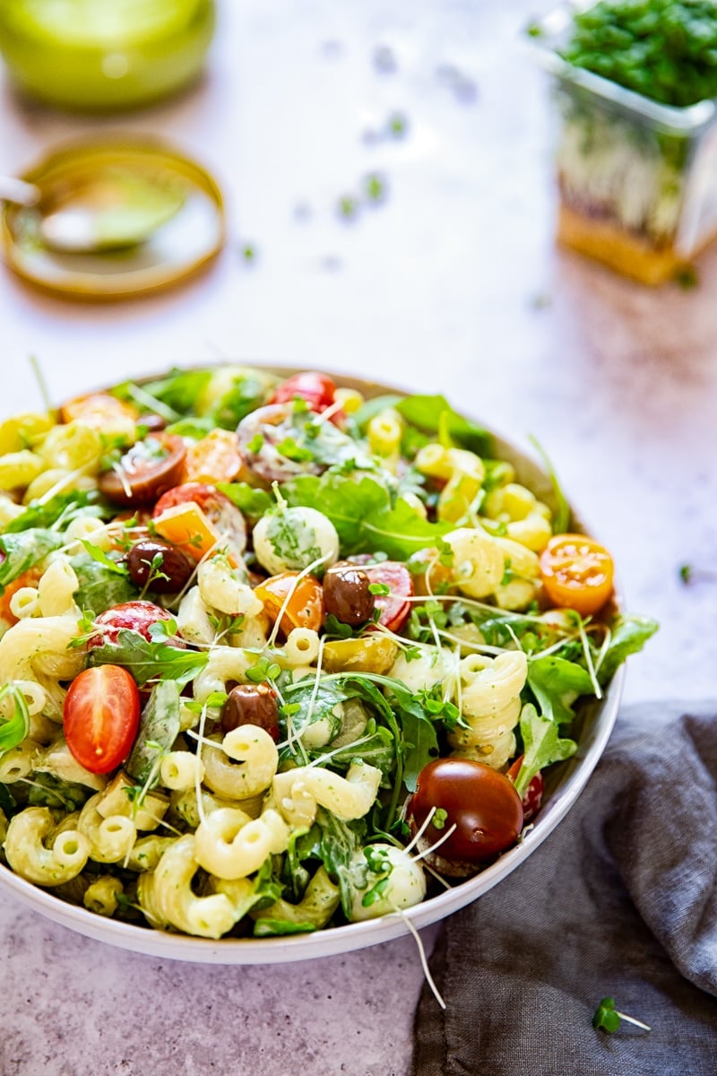 Bowl of green goddess pasta salad