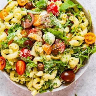 To down view of green goddess pasta salad