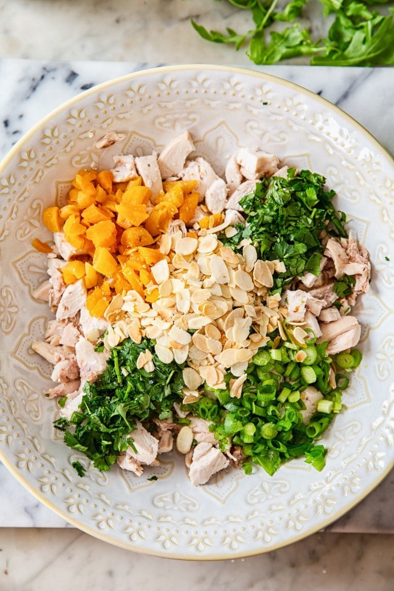 Recipe ingredients in a wide bowl before being mixed together