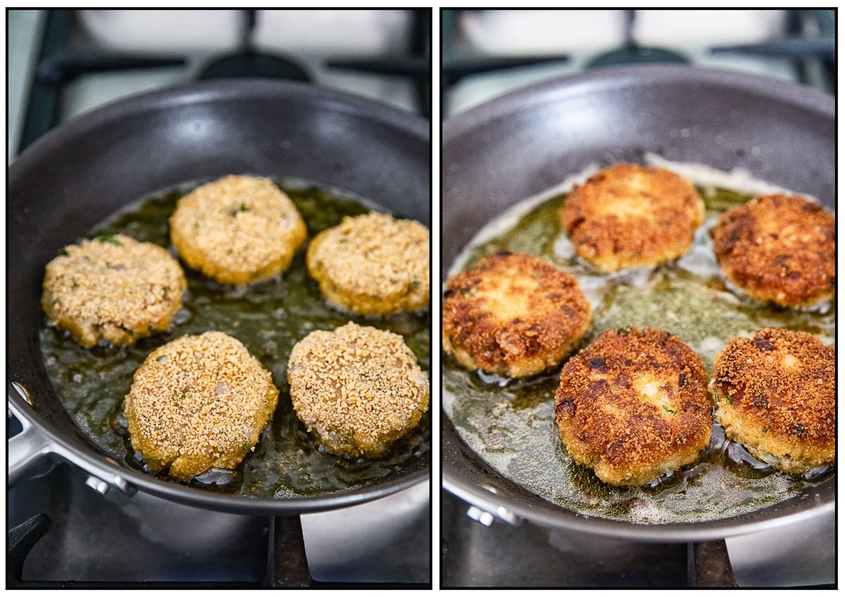 Two shots of the cakes in a frying pan