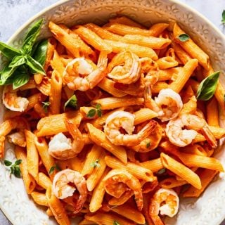bowl of shrimp penne alla vodka from the top down