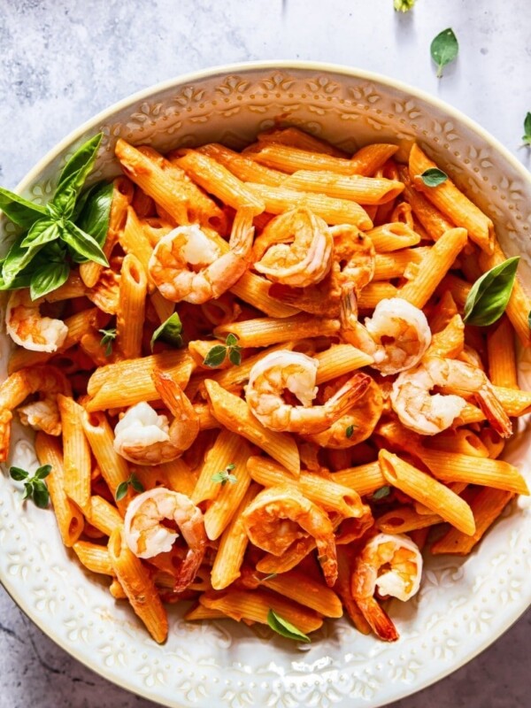bowl of shrimp penne alla vodka from the top down