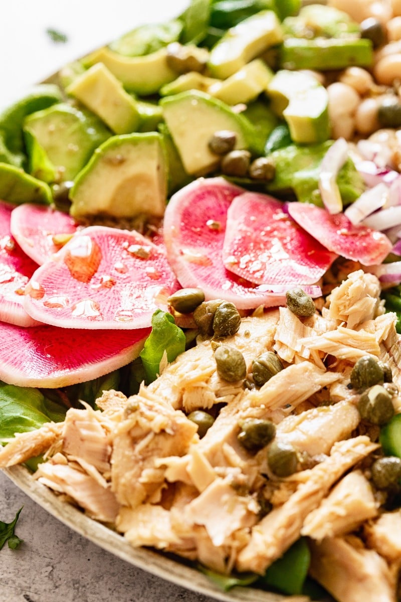 Close up of the salad showing tuna and radishes