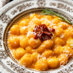 close up of butternut squash gnocchi in a bowl