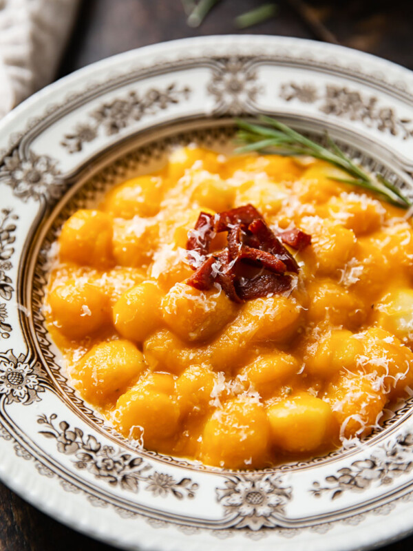 close up of butternut squash gnocchi in a bowl