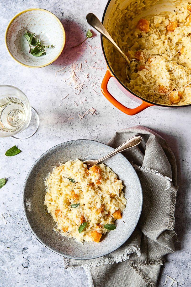 Top down view of Butternut Squash Risotto  in a bowl