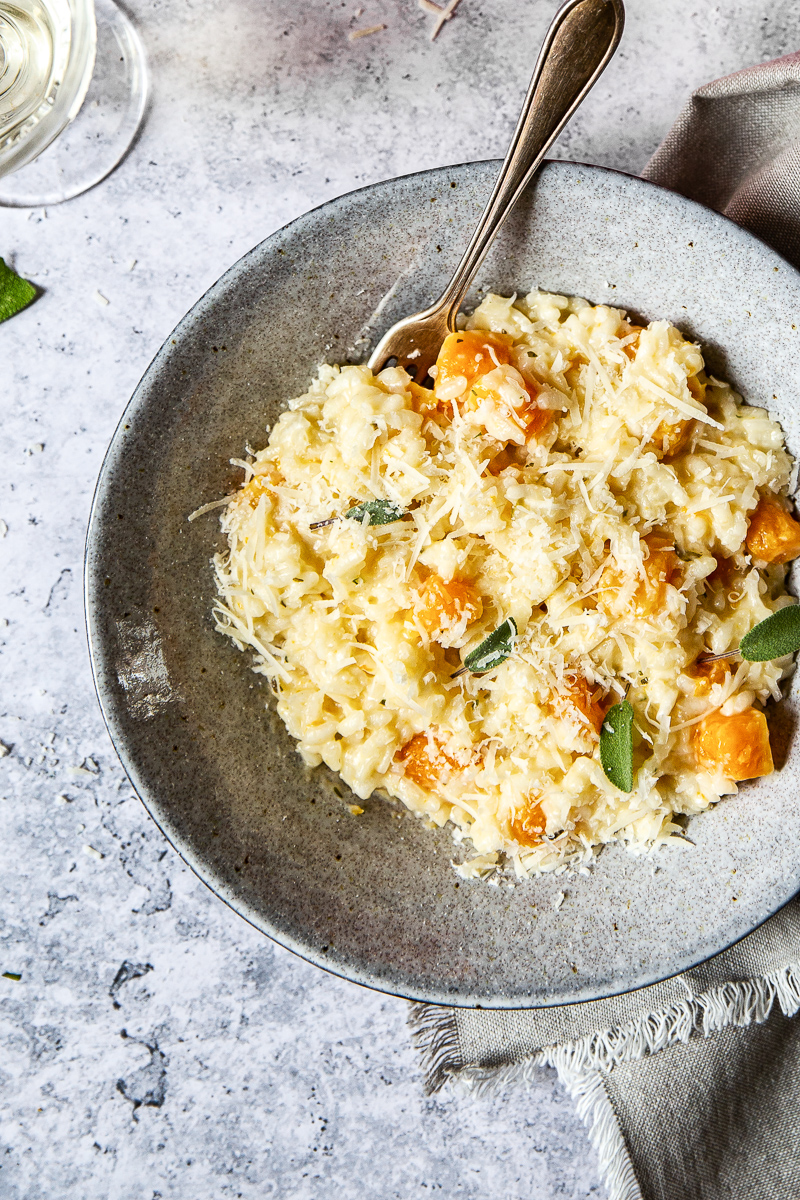 Top down view of Butternut Squash Risotto with a fork