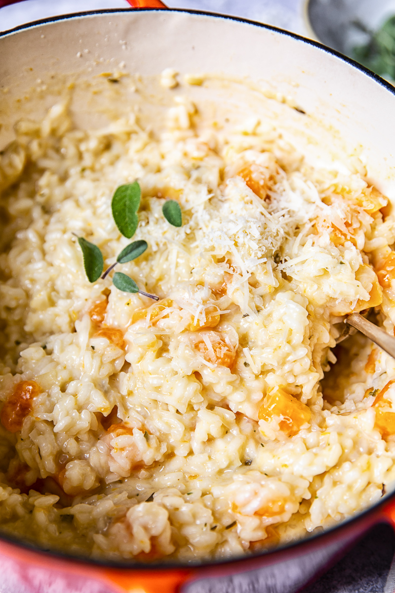 Close up of Butternut Squash Risotto cooking in a pan