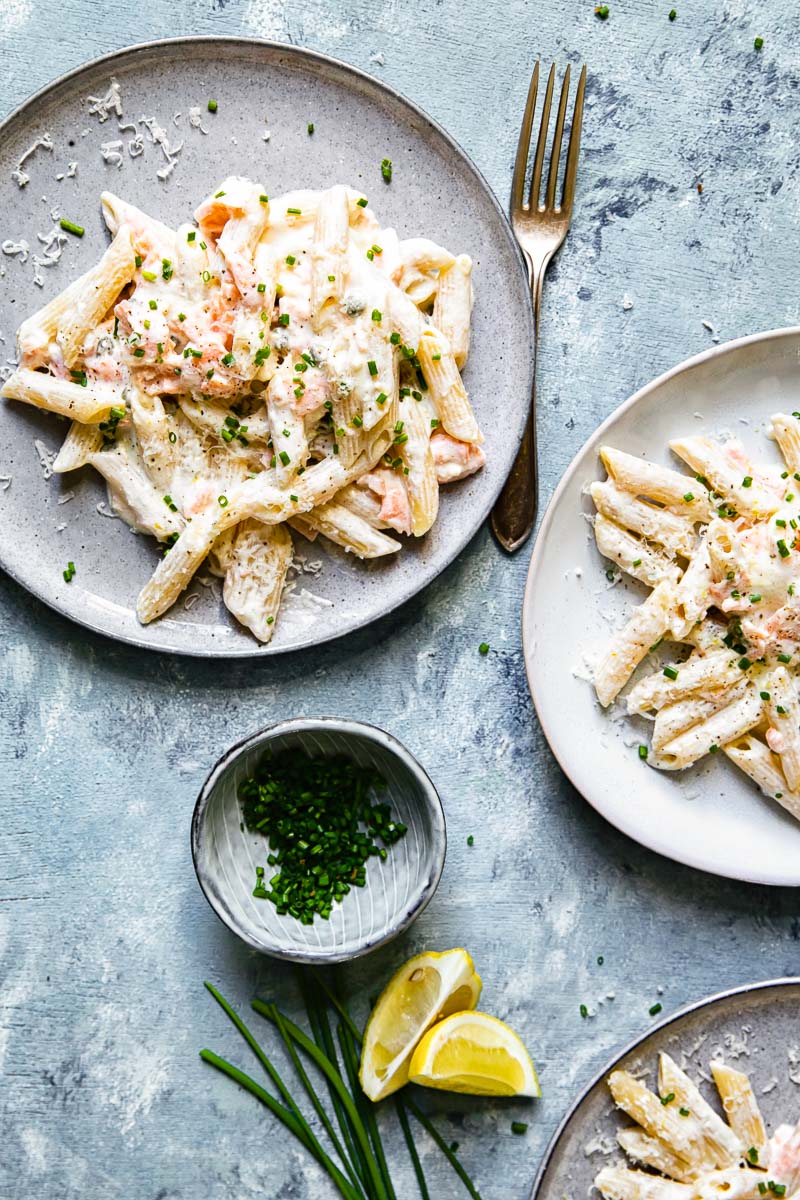 Top down view of pasta with smoked salmon