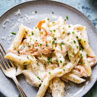 Close up of pasta with smoked salmon