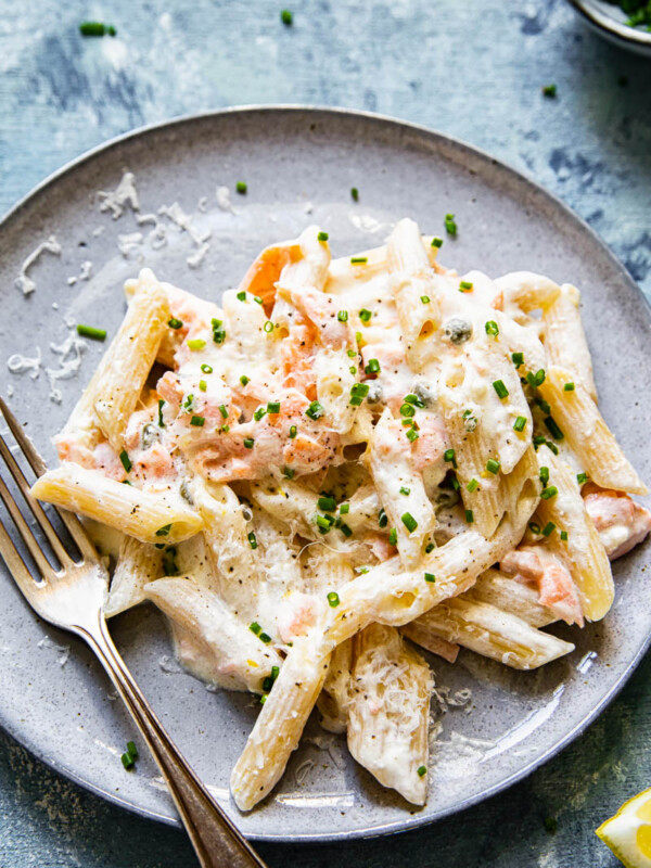 Close up of pasta with smoked salmon