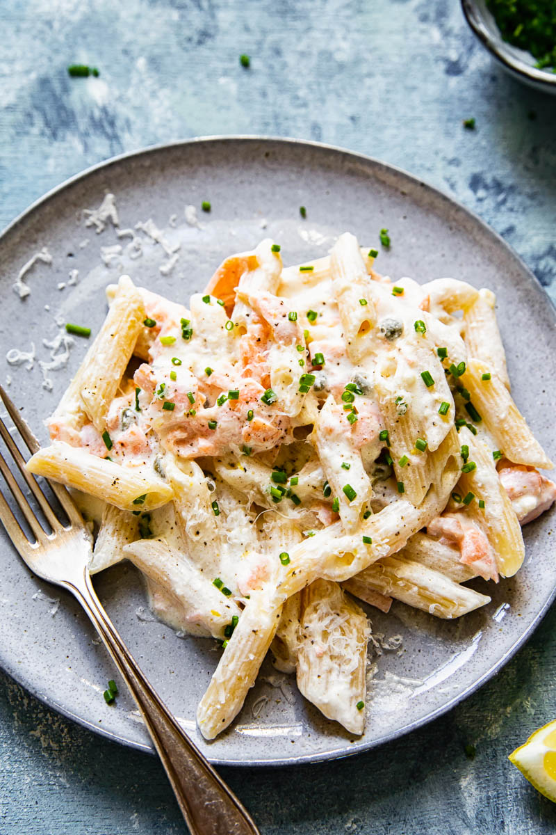 Close up of pasta with smoked salmon