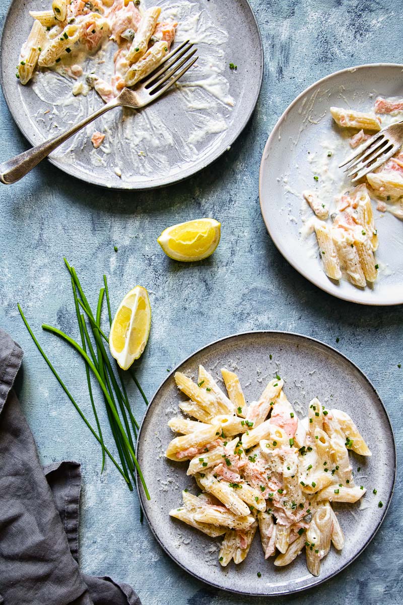 Top down view of plates of pasta