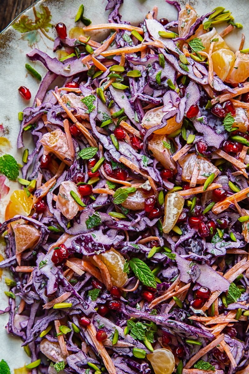 Close up of Festive Red Cabbage Slaw on a large platter