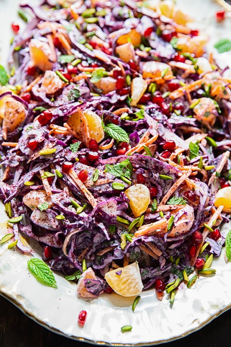 close up of Festive Red Cabbage Slaw on a platter