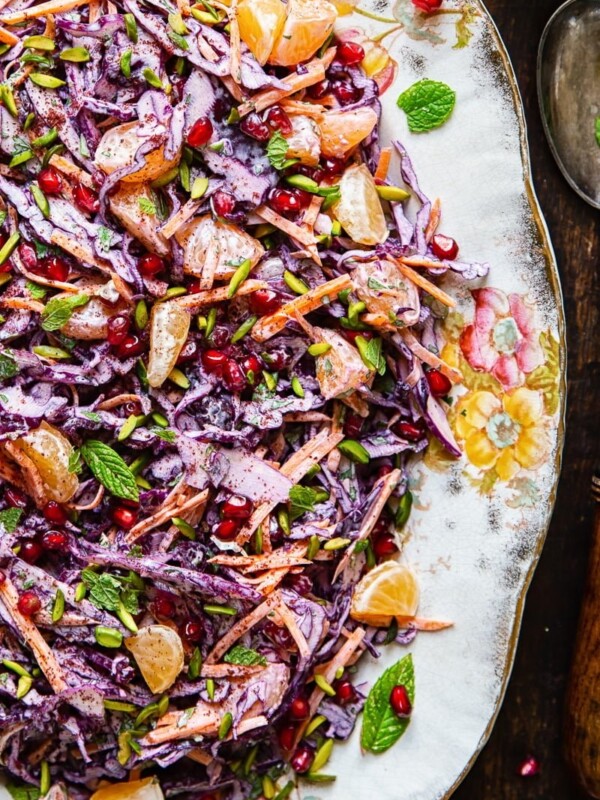 Top down view of Festive Red Cabbage Slaw on a plate