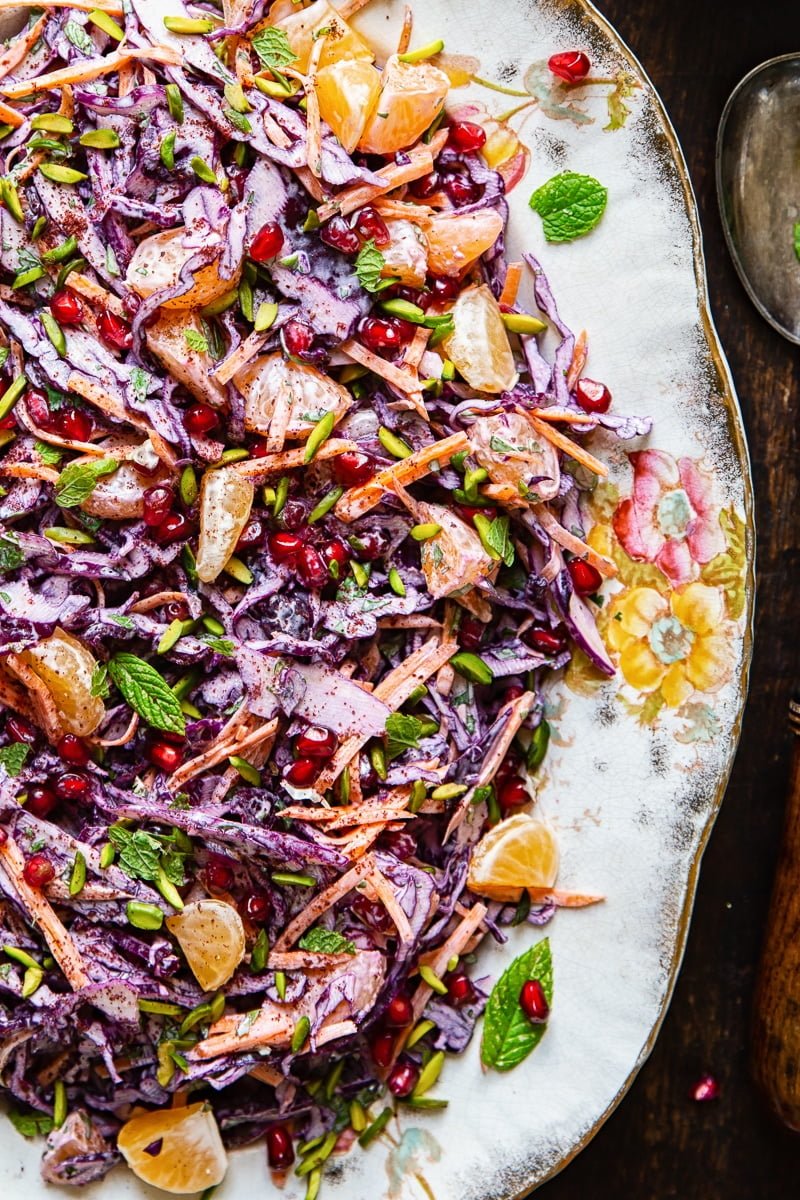 Top down view of Festive Red Cabbage Slaw on a plate