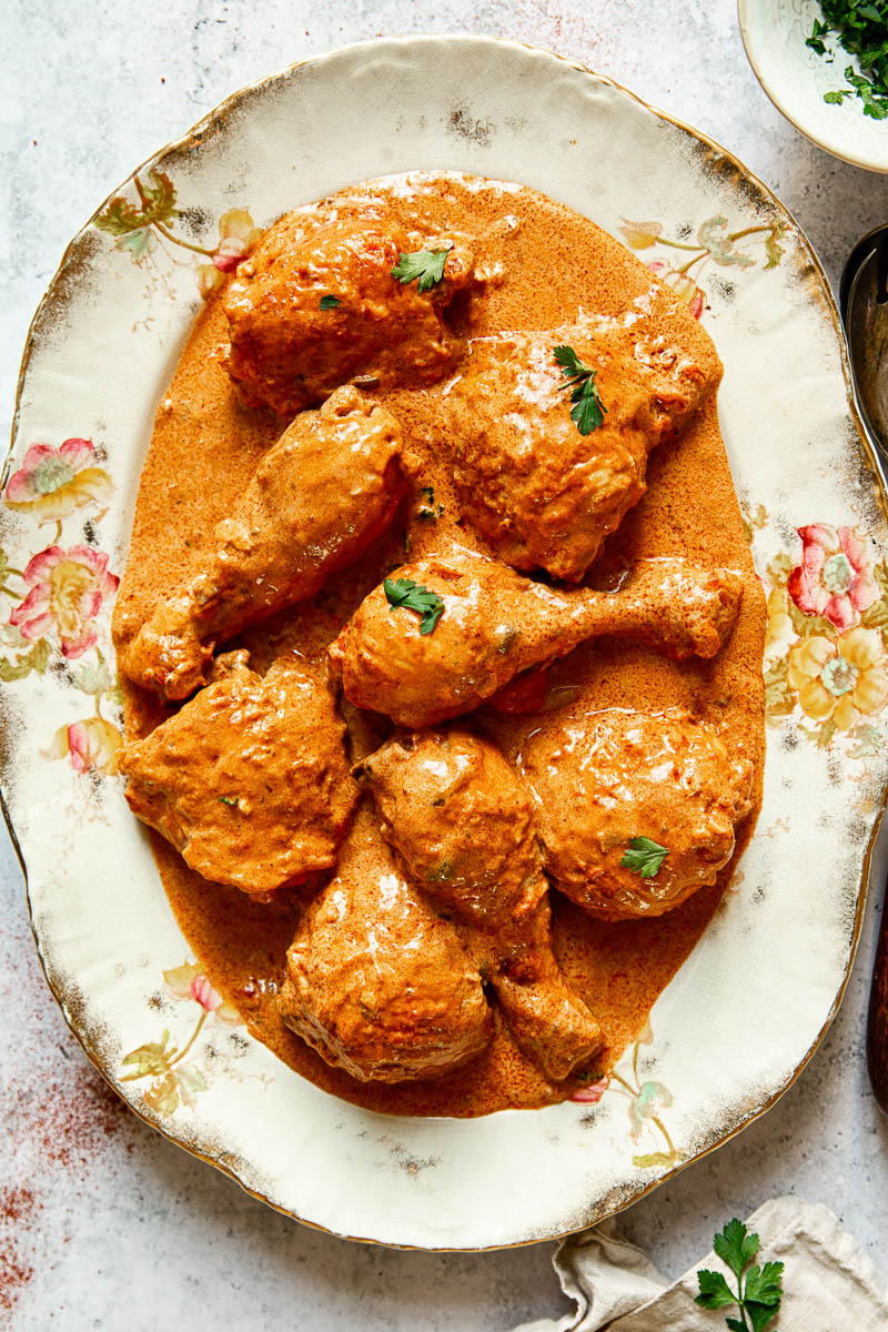 Chicken Paprikash on a serving platter