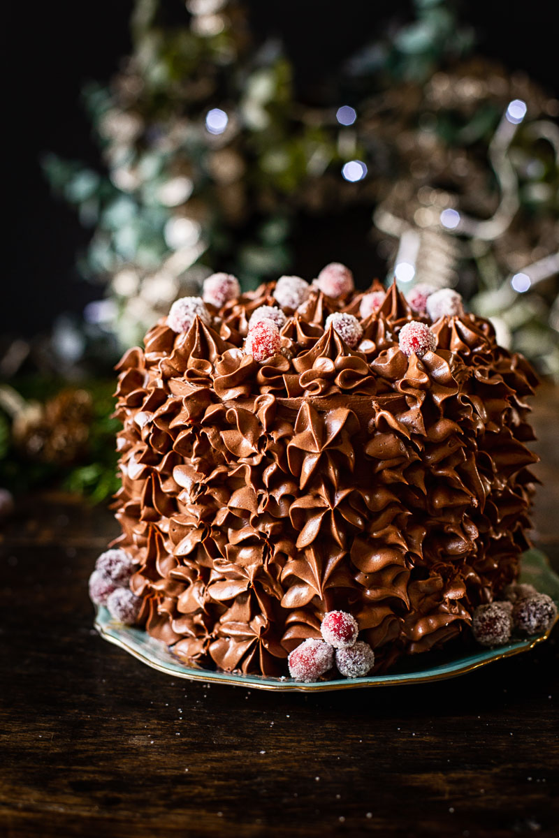 Cake on a plate with Christmas wreath in background