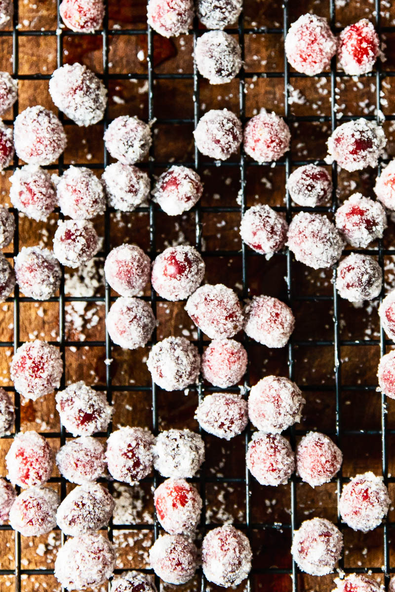 Sugared Cranberries on a wire rack