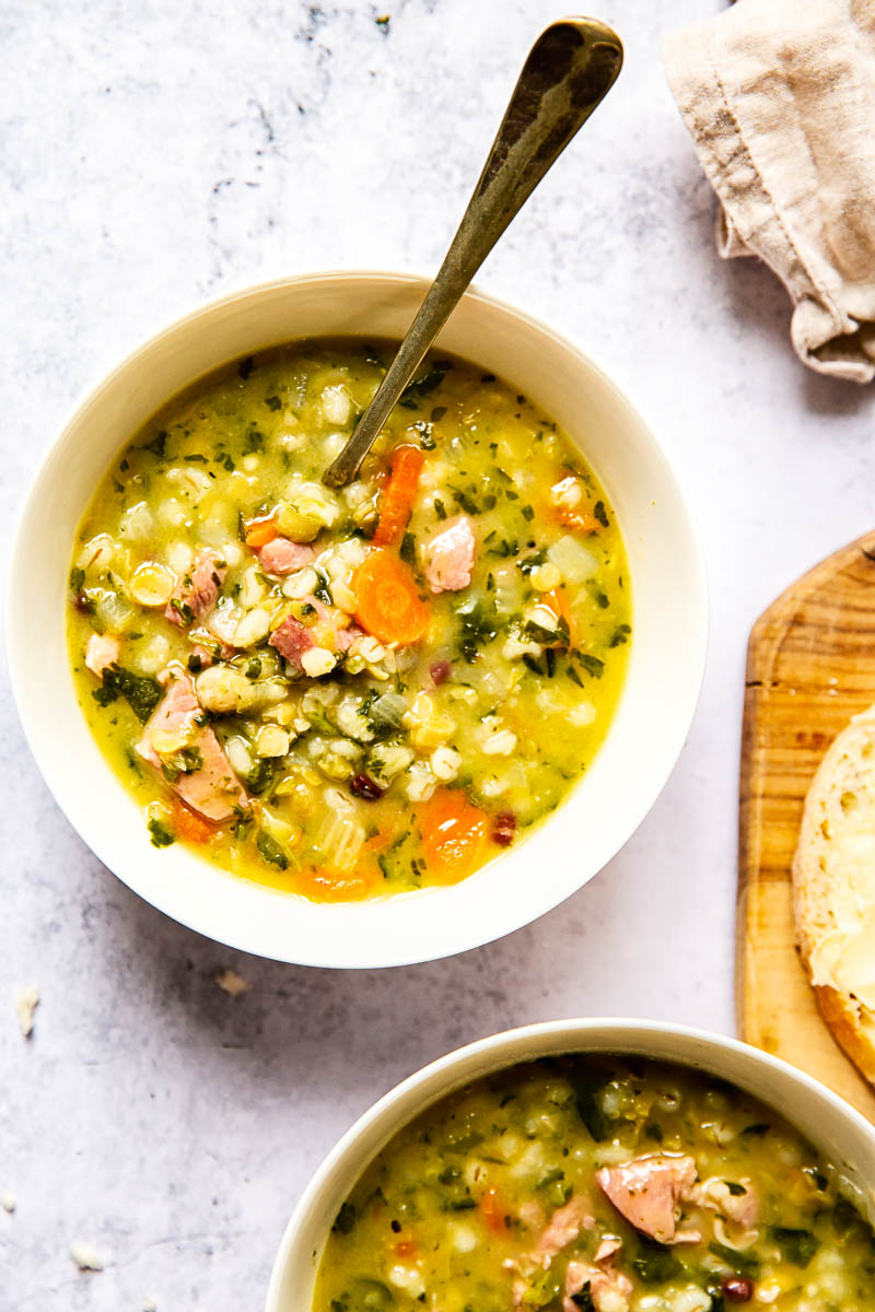 top down of two bowls of ham and bean soup