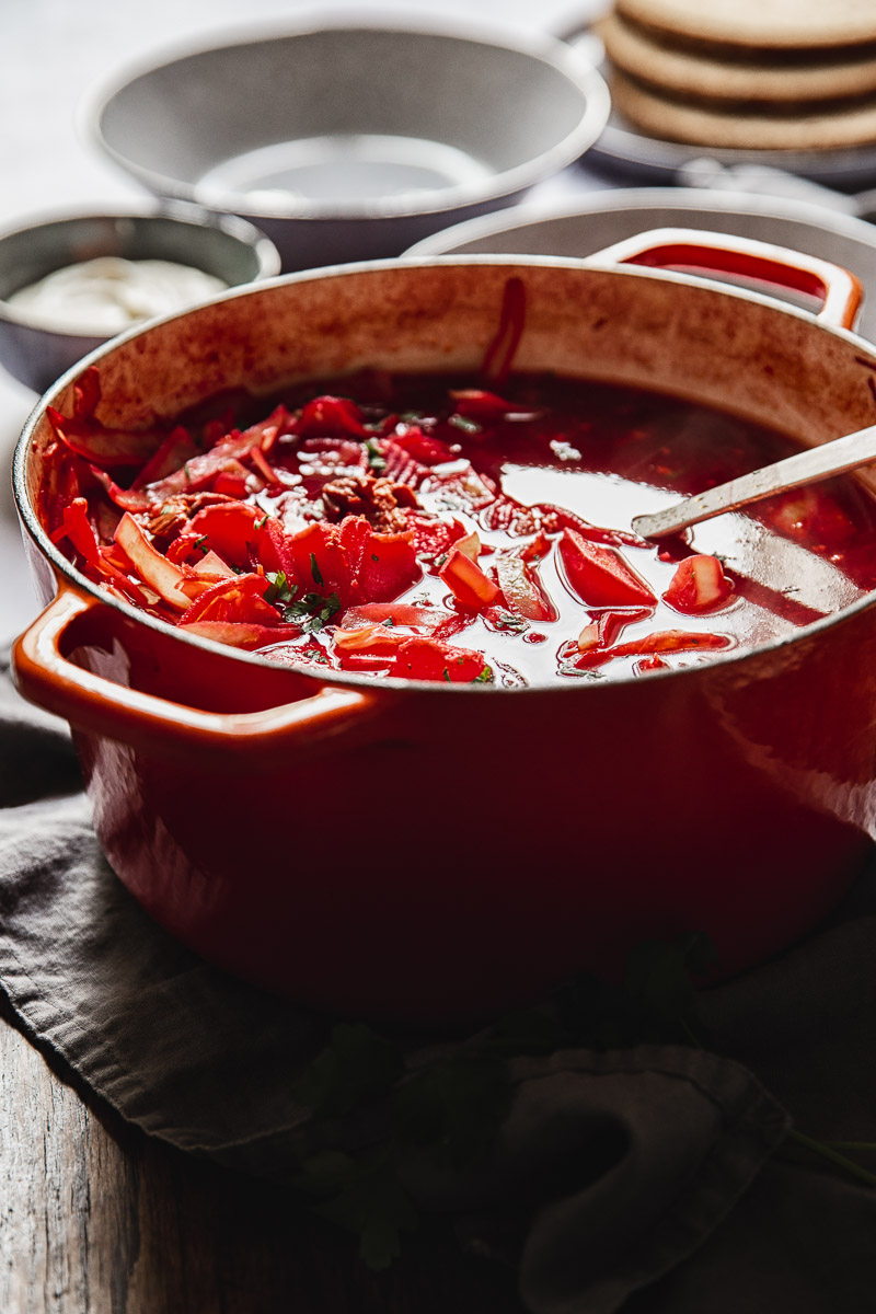 close up of a pot of soup with ladle