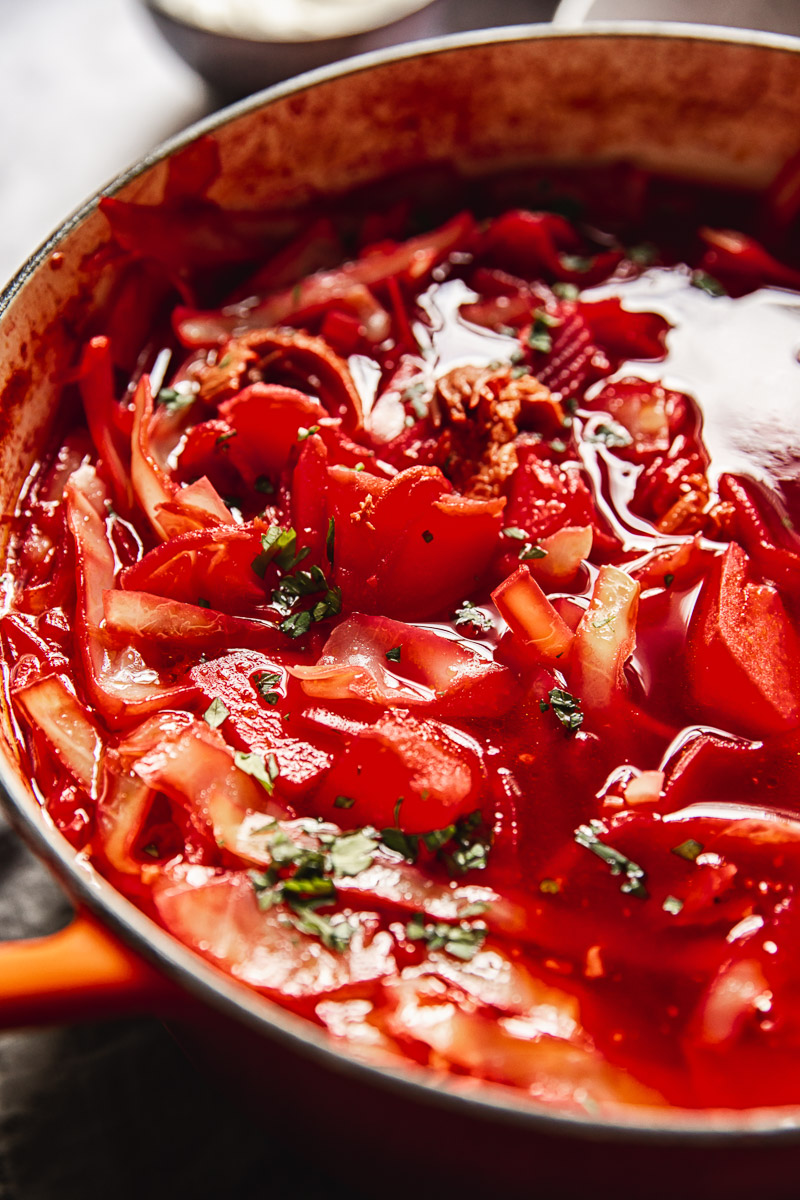 close up of a pot of borscht