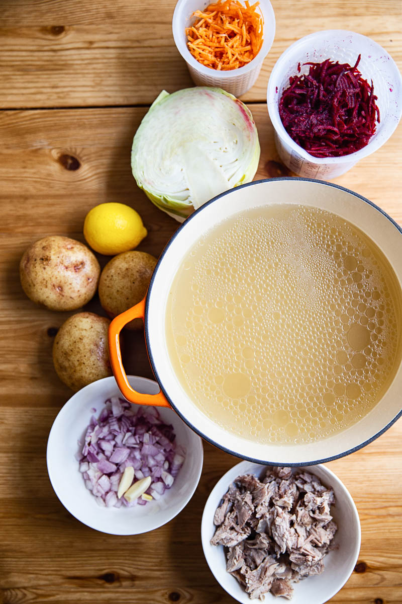 Borscht ingredients from the top down